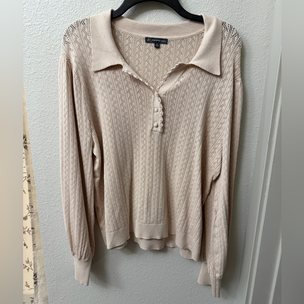 Adrianna Papell Beige Pointelle Vneck Polo Sweater Size Xl